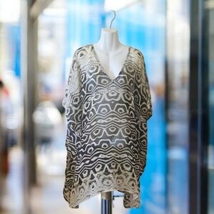 Brown and Bone  Geometric Kaftan Beach Cover Up Sheer OS By ECHO